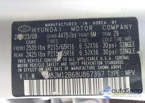 2008 Hyundai Tucson Gls из США, поврежденный, VIN KM8JM12B68U867397